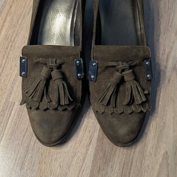 Stuart Weitzman Suede Tassel Heels | Olive Green | Loafer Style - Picture 3 of 11